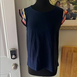 True Craft Blue Pink Ruffled Cap Sleeve Tank Top